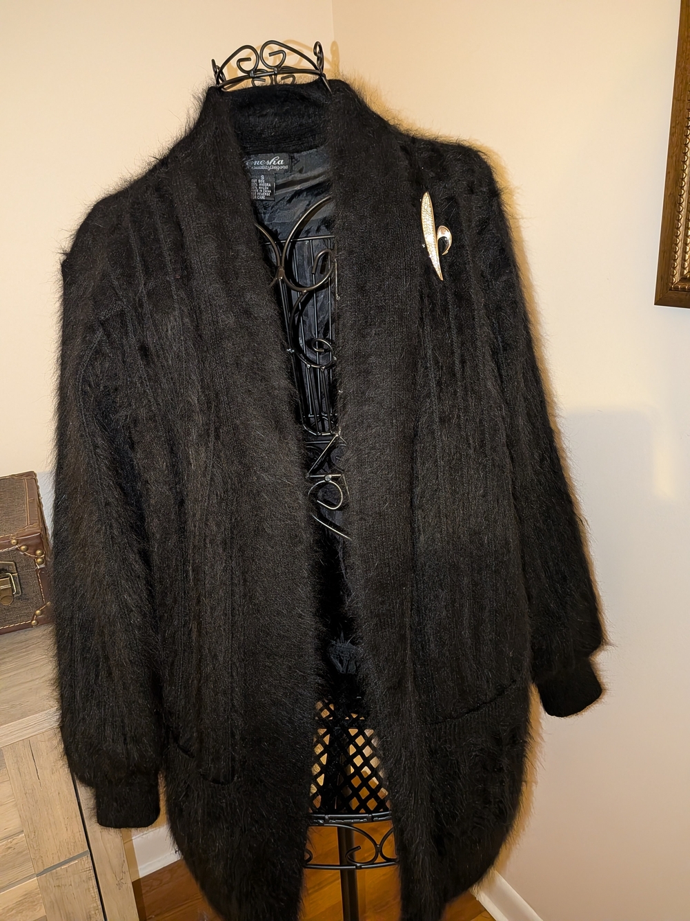 Vintage Vanesha Black Angora Fuzzy Sweater Coat / Coatigan